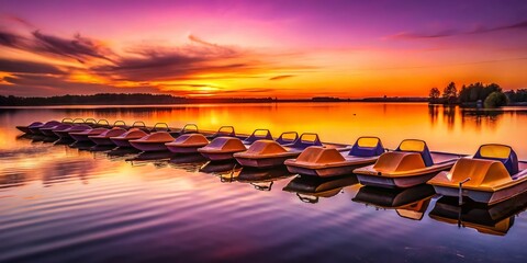 Silhouetted Pedal Boats at Sunset: Idyllic Lake Scene
