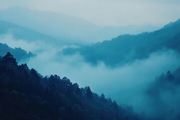 Fototapeta premium misty mountain landscape dominated by layers of blue hues, creating a serene and tranquil atmosphere, where nature's beauty unfolds majestically under soft, diffused light