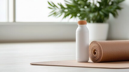 wellness scene featuring a yoga mat and water bottle on a white background, perfect for fitness and health themes