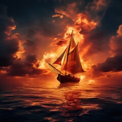 the AI Image Generator, Sailing Ship at Sunset With Dramatic Fiery