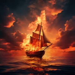 Fototapeta premium the AI Image Generator, Sailing Ship at Sunset With Dramatic Fiery