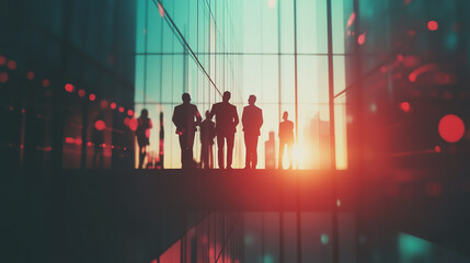 Fototapeta premium Group of business people silhouettes in modern office building and business network concept. Human resources with pastel innovation charts and graphs with statistics to analyze business 
