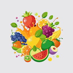 Colorful Fruit Illustration Featuring Apples, Lemons, Oranges, and Green Leaves