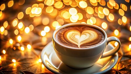Romantic Coffee Cup with Heart Shaped Latte Art, Bokeh Background
