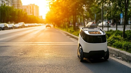 Futuristic food delivery robot navigating through a technologically advanced smart city carrying a well packaged meal in a secure delivery compartment