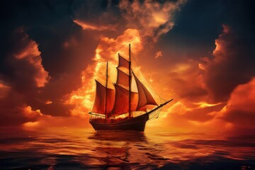 Fototapeta premium the AI Image Generator, Sailing Ship at Sunset With Dramatic Fiery