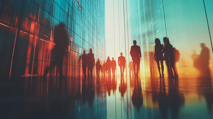 Fototapeta premium Group of business people silhouettes in modern office building and business network concept. Human resources with pastel innovation charts and graphs with statistics to analyze business 