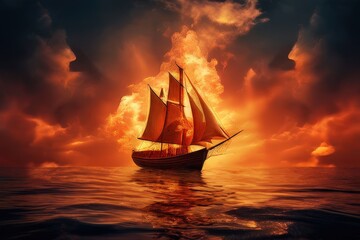 Fototapeta premium the AI Image Generator, Sailing Ship at Sunset With Dramatic Fiery