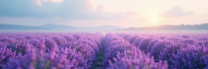 Obraz premium A misty lavender field with a few wildflowers, bokeh effect, field of flowers, cloudy sky