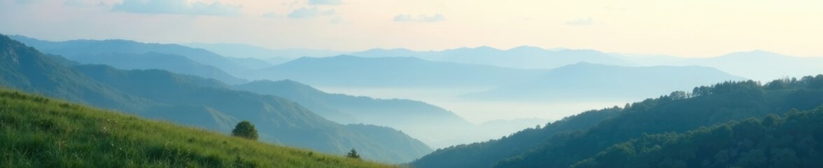 Fototapeta premium A misty morning scene with pale blue and white clouds above the hills, hillside, dawn, soft focus