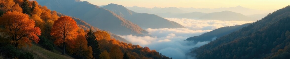 Obraz premium A misty morning in the mountains with trees covered in golden autumn leaves, trees, misty morning, dawn