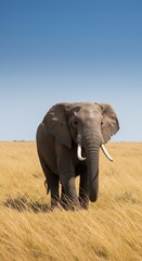Obraz premium Majestic African Elephant in Serengeti Grassland under a Clear Blue Sky
