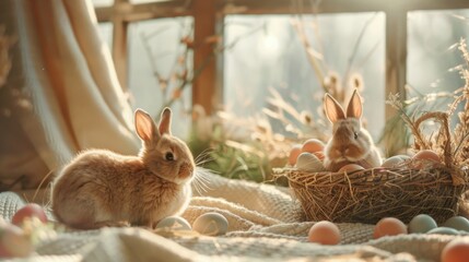 Fluffy Bunnies Sitting in a Nest with Colorful Easter Eggs on a Rustic Fabric Background 