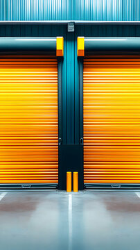 Vibrant Yellow Roll-Up Doors in a Modern Garage, Securing Space Efficiently and Safely.