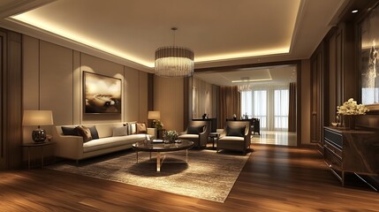 Luxurious living room interior design with hardwood floors, beige sofa, armchairs, coffee table, and artwork.