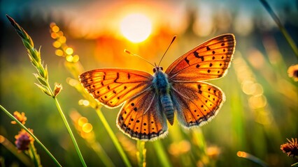 Fototapeta premium Silhouette of Lycaena helle Butterfly, Eifel National Park, Germany, 2020