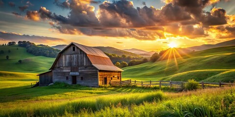 Rustic Barn in Rolling Green Field - Idyllic Countryside Portrait Photography