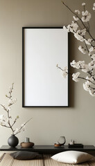Blank picture frame mock up, Elegant black japanese frame empty white canvas hanging on the wall, minimal mockup frame on white cherry blossom wall, modern japanese interior, wall art presentation