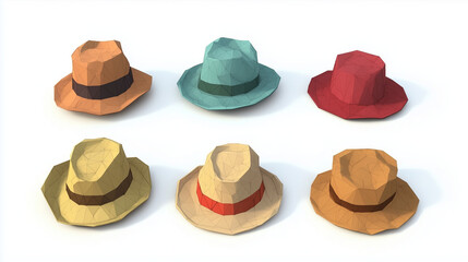3D low-poly icons of six different hats on a white background
