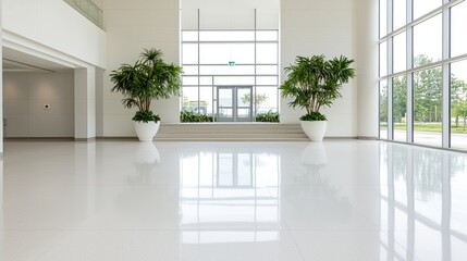 Fototapeta premium Modern building lobby; bright, spacious interior with plants; sunny exterior view; ideal for corporate brochures