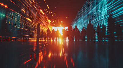 Fototapeta premium Group of business people silhouettes in modern office building and business network concept. Human resources with pastel innovation charts and graphs with statistics to analyze business 