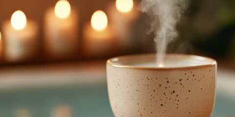 spa-like ambiance, a calm, spa-like atmosphere with a soft glow from a ceramic essential oil diffuser gently emitting mist