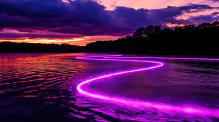 Serene twilight over a winding river illuminated by vibrant purple lights, reflecting nature's beauty