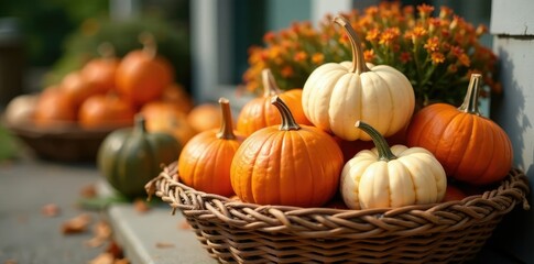 Colorful pumpkins piled high in a decorative basket, seasonal decor, cape cod, pumpkins