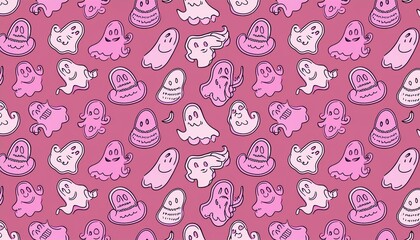 Naklejka premium Pink cute halloween ghost seamless pattern repeat print background. Vector illustration. Great for kids and home decor projects. Surface pattern design