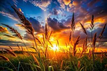 Naklejka premium Silhouette of Tall Grass at Sunset - Dramatic Nature Photography