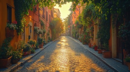 Fototapeta premium Sunlit cobblestone street in historic European city, lined with colorful buildings and lush greenery.