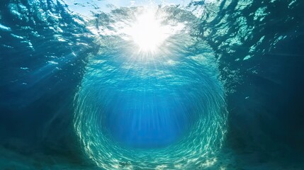 Naklejka premium Underwater Light Beams, beams of light in ocean depth, beams of light in tranquil water, Underwater beams of blue light