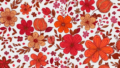 Floral pattern. Pretty flowers on a white background. Printing with small orange, red, and pink flowers. Ditsy print. Spring Bouquet.A white background, red and orange small flowers pattern.