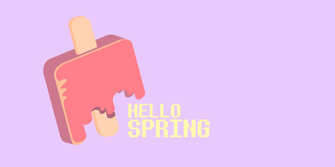 vector hello spring horizontal banner with flat melt ice cream isolated on violet sky background. Hello March Springtime background, poster, flyer and banner