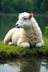 Fototapeta premium Fluffy white sheep resting near serene riverbank, water, serene