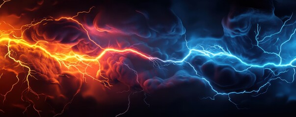 A vibrant clash of red and blue lightning bolts creates a striking visual effect against a dark background.