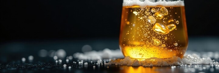 Foamy champagne liquid on a dark glass surface, champagne, liquid, rich