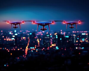 Night view of a glowing smart city with synchronized drone light shows in the sky