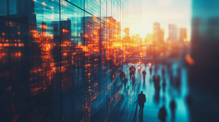 Fototapeta premium Group of business people silhouettes in modern office building and business network concept. Human resources with pastel innovation charts and graphs with statistics to analyze business 