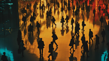 Group of business people silhouettes in modern office building and business network concept. Human resources with pastel innovation charts and graphs with statistics to analyze business	