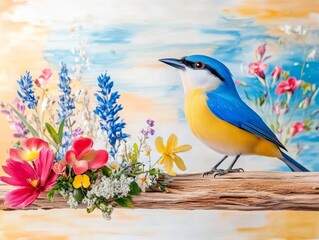 A vibrant blue and yellow bird perched on a wooden branch, surrounded by colorful flowers and a soft, painted background.