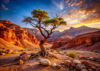 Solitary Desert Tree in Red Canyon, Eilat, Israel - Dramatic Mountain Landscape Stock Photo