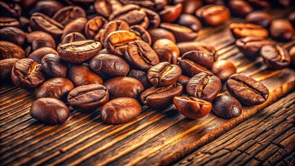 Naklejka premium Rustic Wooden Tabletop with Scattered Coffee Beans - Stock Photo