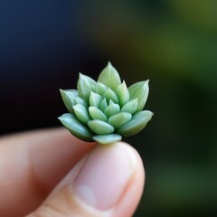 Fototapeta premium Tiny Succulent in Hand: A close-up view of a delicate succulent held gently in a human hand, showcasing its intricate details and vibrant green hues.