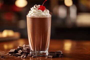 Chocolate milkshake, cherry, bar, dessert, menu