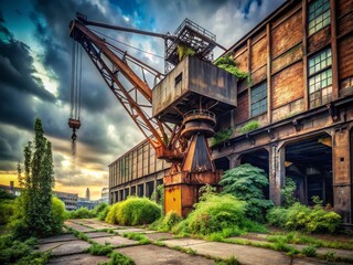 Fototapeta premium Rusty Industrial Crane in Urban Decay - Abandoned Factory Photography