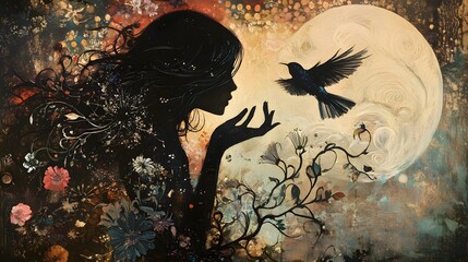 Fototapeta premium Woman Silhouette With Bird And Moon Floral Background