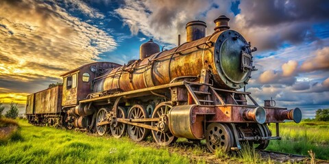 Naklejka premium Rusty Relic: A Documentary Photograph of an Abandoned Steam Locomotive