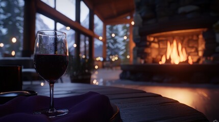 Cozy cabin interior with a glass of red wine by the fireplace, warm ambiance, snowy mountains outside