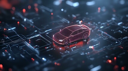 Futuristic glowing red car hologram on circuit board background with digital network connections, representing automotive technology and smart vehicles.